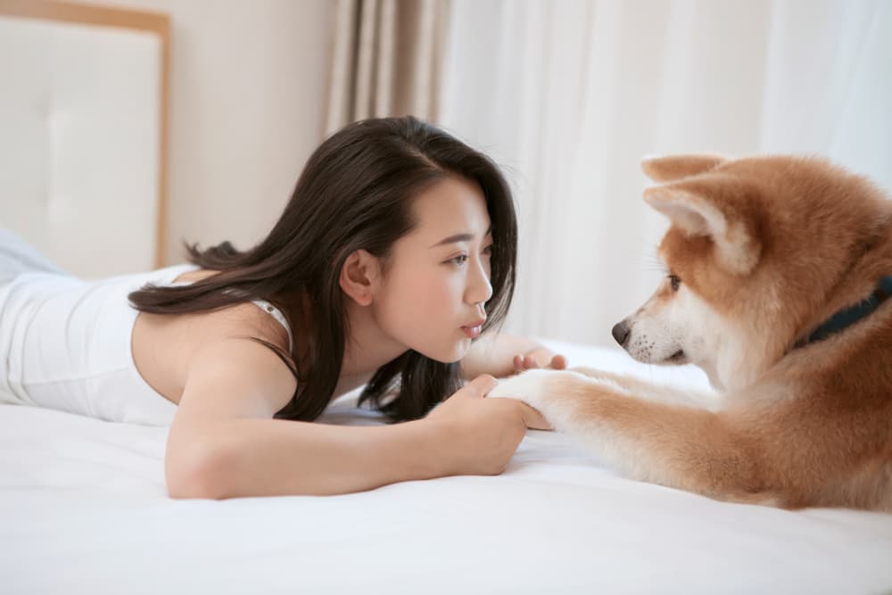 Woman holding dog's paws on bed